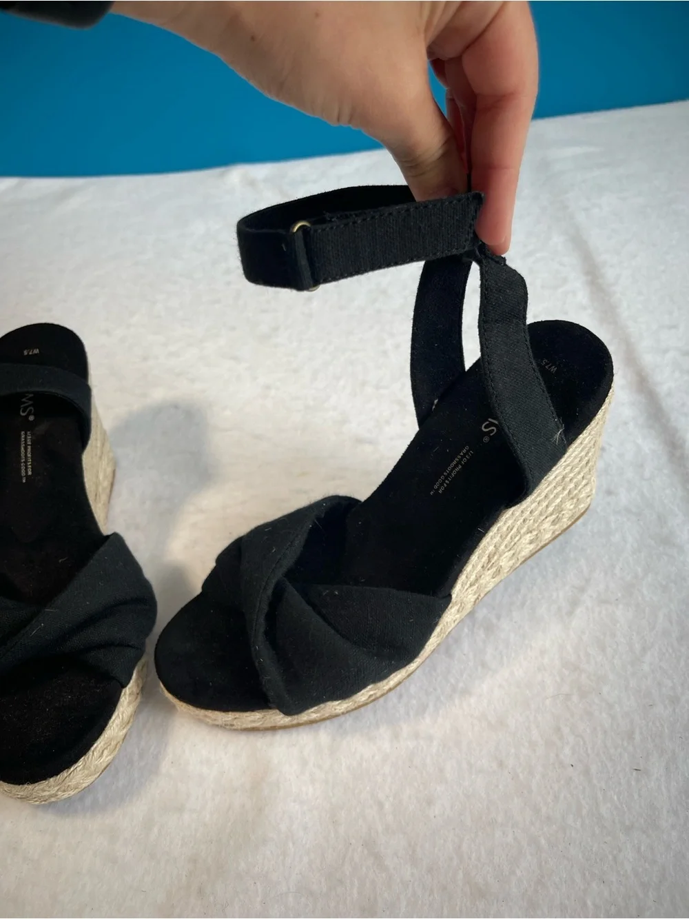 TOMS Black Canvas Espadrille Wedge Sandals Ankle Strap Women’s 7.5